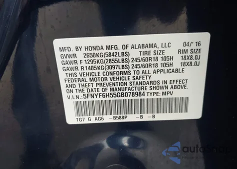 2016 Honda Pilot Ex-L from USA, damaged, VIN 5FNYF6H55GB078984
